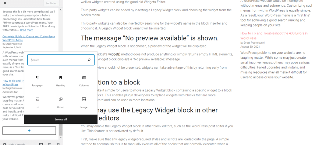 All you need to know about the Legacy Widget block in WordPress - Block Widgets